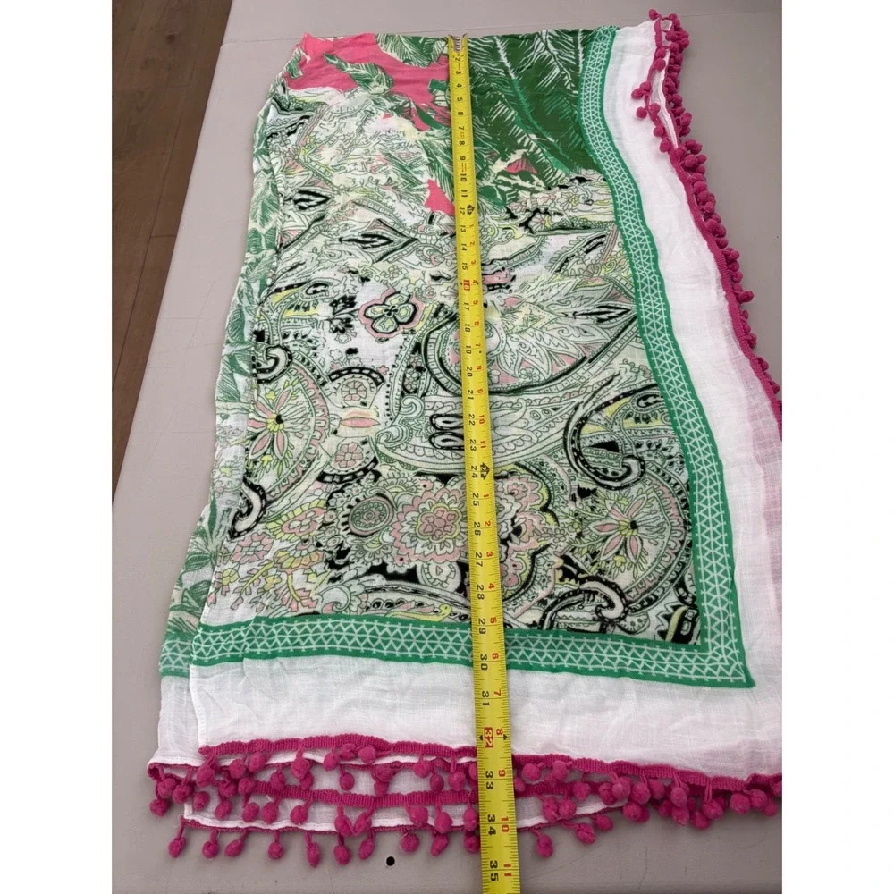 Shiraleah Chicago Paisley Palm Print Pink Green Pom Pom Trim Viscose Swim Cover